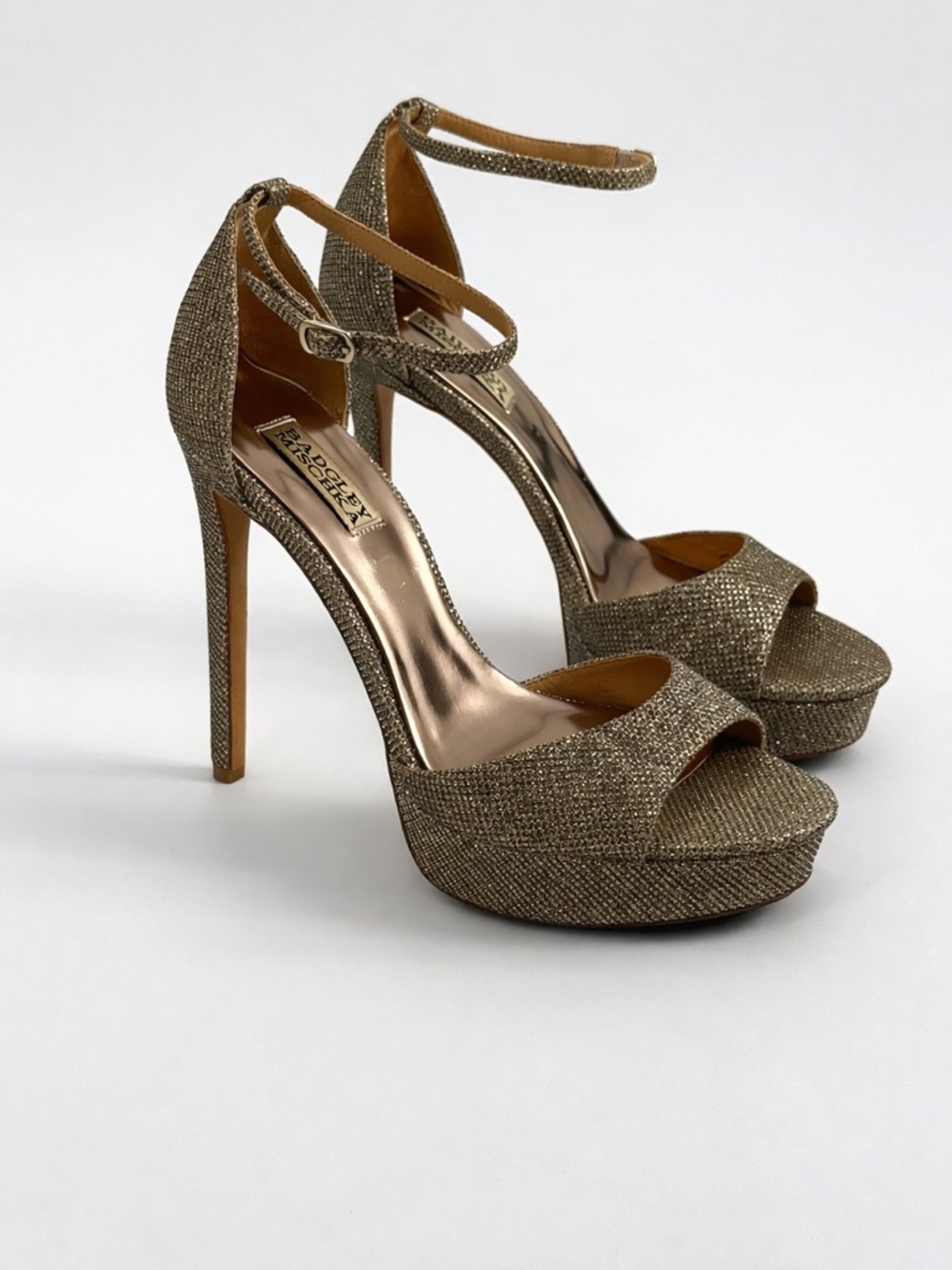 Badgley Mischka Gold Glitter Platform Stiletto Heels  Ankle Strap Evening SZ 9